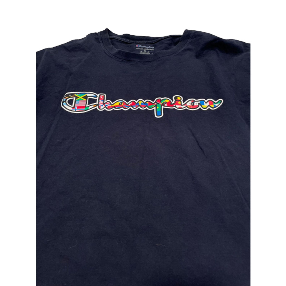 Champion Mens Size XL Flags of the World Logo T-Shirt Short Sleeve Crew Tee Blue